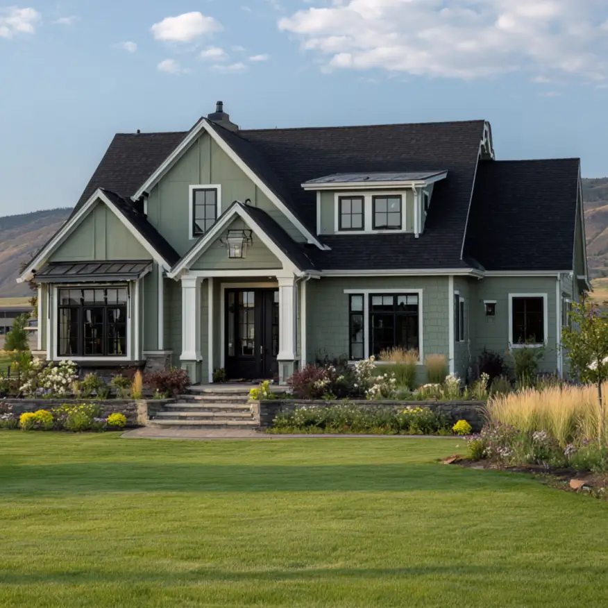 The inviting entrance of a sage green house exterior, where natural stone steps and garden walls create beautiful curb appeal.
