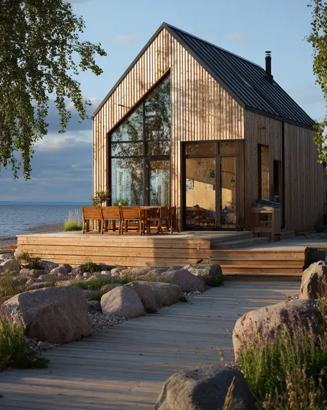 A Scandinavian style home exterior with light wood siding and a large deck, situated on a pebble beach at sunset.