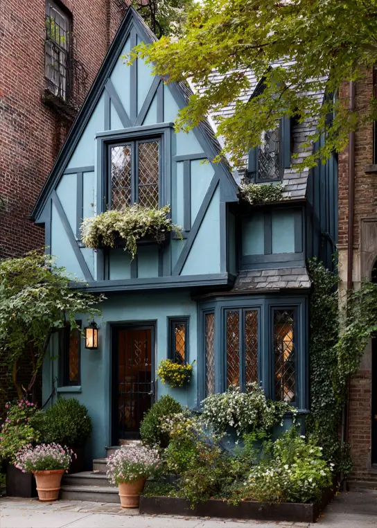 A chic small modern Tudor-style house in an urban setting, painted a monochromatic dusty blue with matching trim and overflowing window boxes.