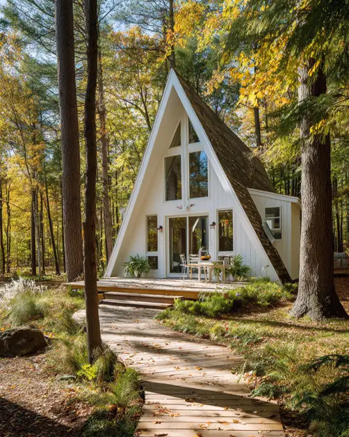 Tiny A-Frame Cabins: 31 Inspiring Ideas for Your Dream Retreat 20 A white small a-frame house with an enchanting forest path made of a wooden boardwalk.
