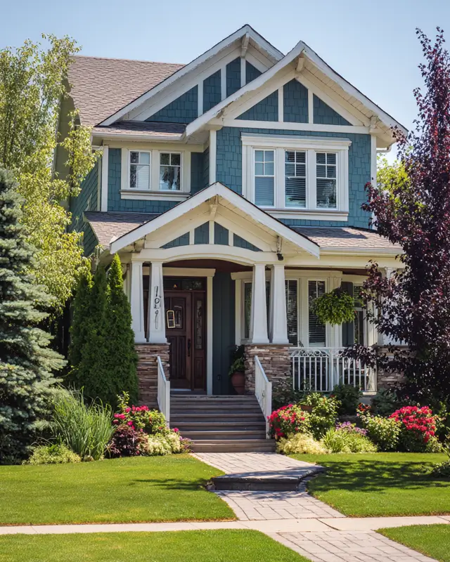 A vibrant suburban house exterior painted in a deep, saturated teal color, with crisp white trim on the windows and porch columns to make the color pop.