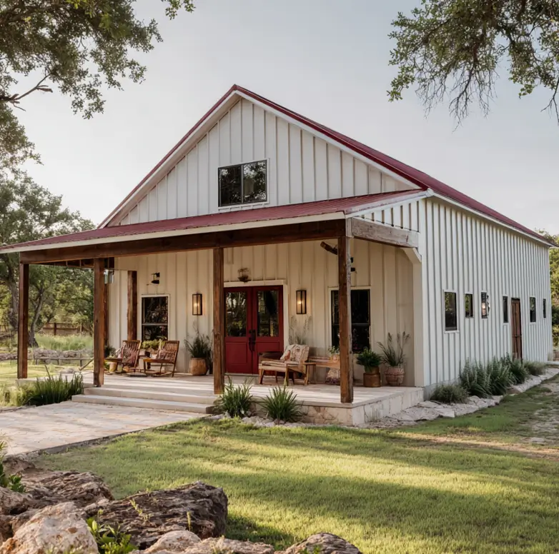 A white barndominium home with a classic red metal roof, red front door, and a spacious wooden porch.