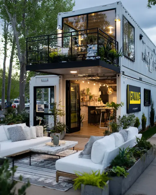 A two-story white container building at dusk, with the ground floor open to a stylish outdoor lounge with white sofas, and an upper balcony filled with plants.