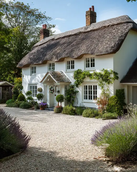 An elegant white english cottage house design set behind a clean gravel driveway, with fragrant lavender plants bordering the path to the front door.