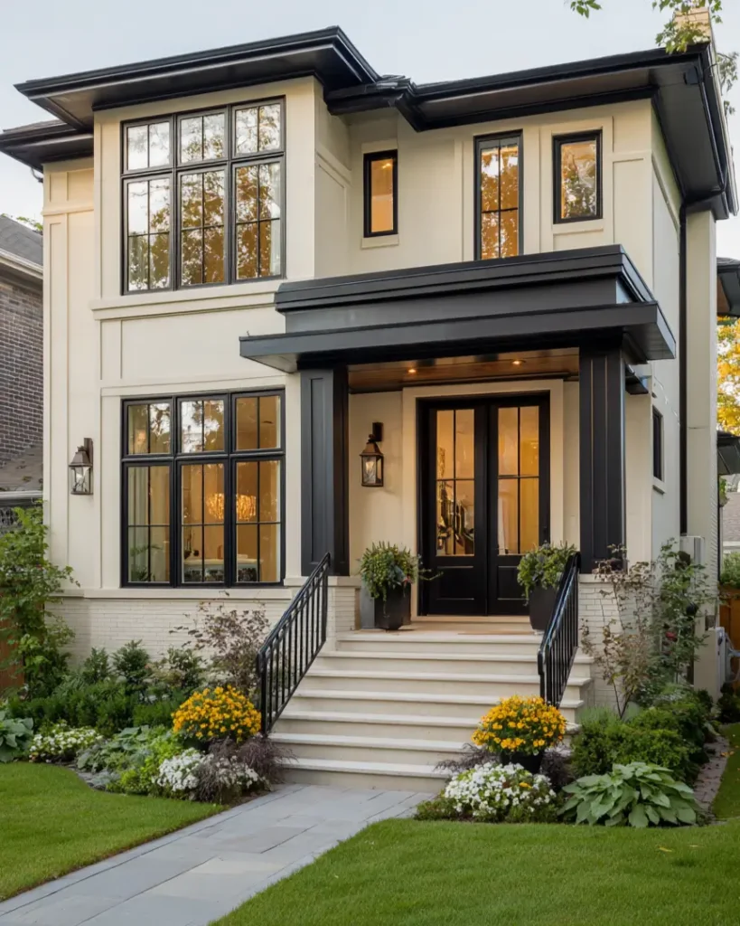 A contemporary black and cream house exterior with a cream stucco facade, large black-framed windows, and a black-pillared front porch.
