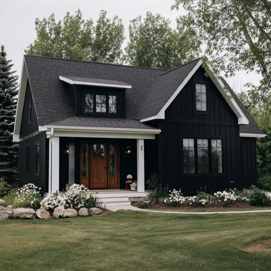 A cozy and compact black and white farmhouse with a welcoming white porch and a warm wooden door.