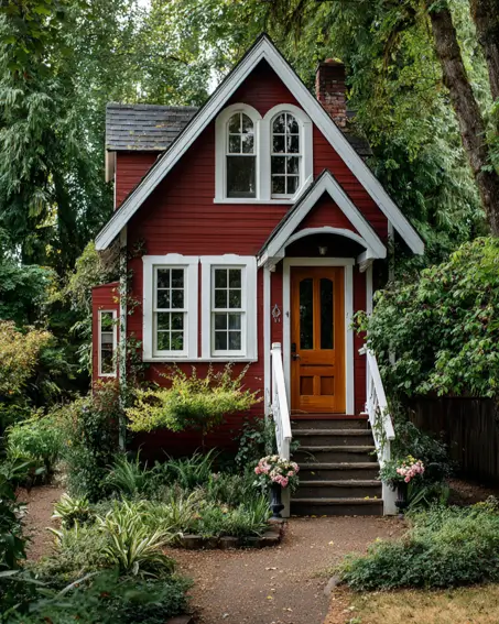 36 Tiny House Design Ideas + An Expert Interior Guide for 2025 21 A classic red tiny house with white trim and a warm wood door in a garden.
