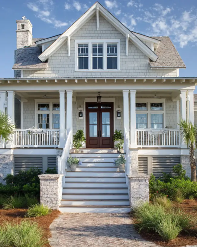 Coastal modern craftsman house with light gray shingle siding, a grand white central staircase, and an elevated front porch with multiple columns.