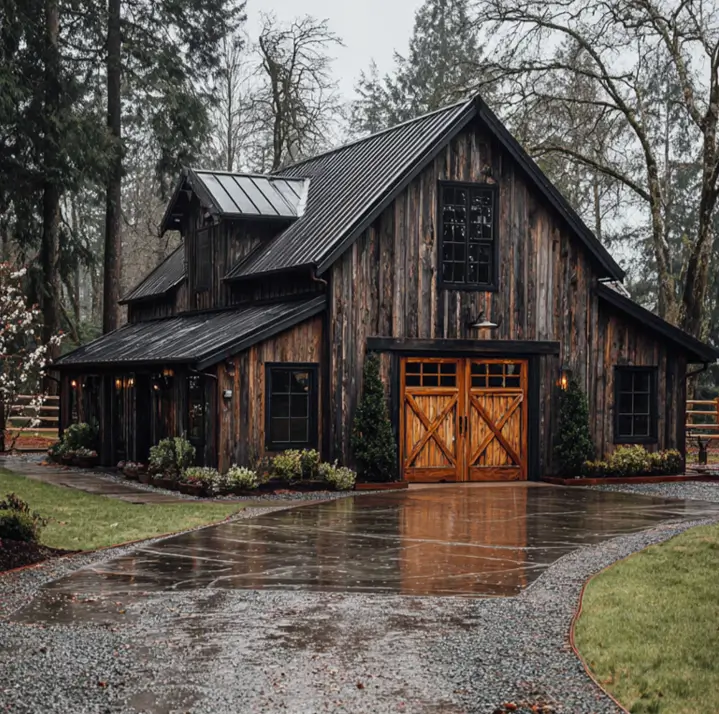 A dark wood small barndominium home with light wood garage doors, set in a forest on a rainy day.