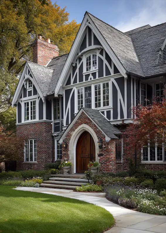 A dramatic Tudor house exterior with a red brick base and a dark upper level featuring crisp white timber details.