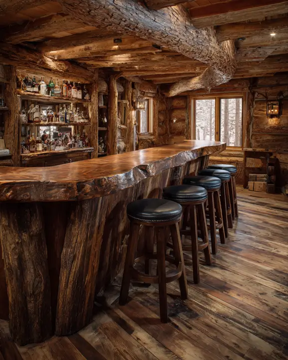 A warmly lit bar log cabin with a polished live-edge counter and substantial log ceiling beams.