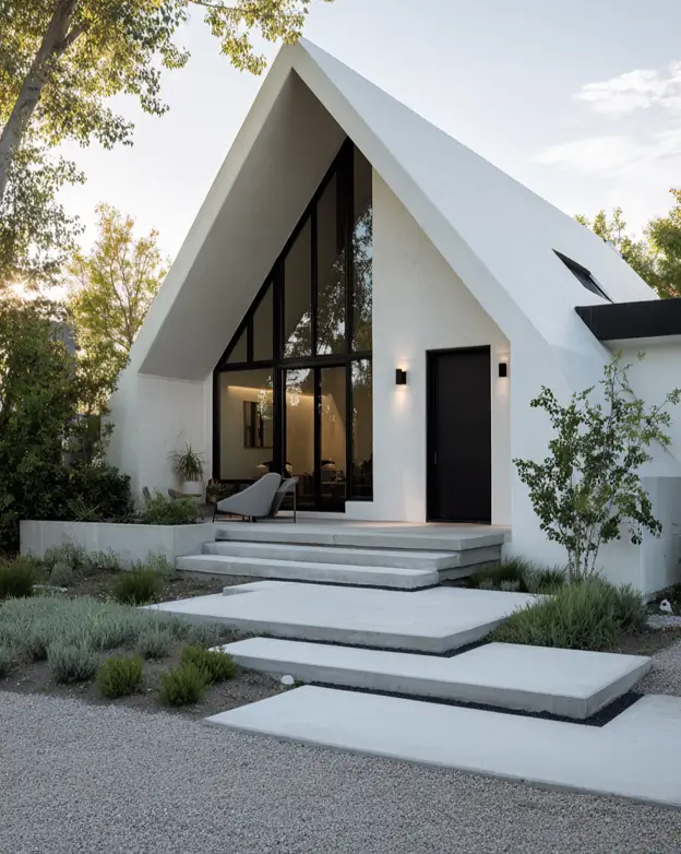 A minimalist white A-frame home with a recessed glass wall and modern concrete paver walkway.