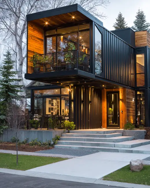 A modern two-story shipping container home at dusk, featuring a striking combination of black steel, warm wood siding, and large illuminated windows, with concrete entrance steps.