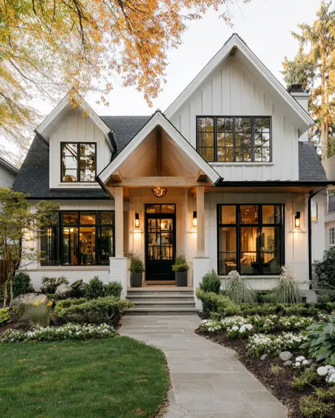 36 Modern Cottage Exterior Ideas to Achieve Timeless Curb Appeal 21 A modern cottage with a crisp white exterior and a prominent light wood-beamed gabled entryway supported by white brick pillars.