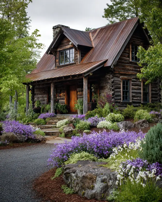 A rustic log cabin house style framed by a lush garden of vibrant purple flowers.