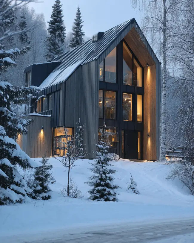 A Scandinavian style home exterior with light wood and a metal roof, glowing warmly from within amidst a snowy twilight scene.