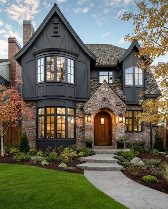 A luxurious small modern Tudor-style house with a moody charcoal siding, a warm variegated brick entryway, and a beautifully lit wooden door.