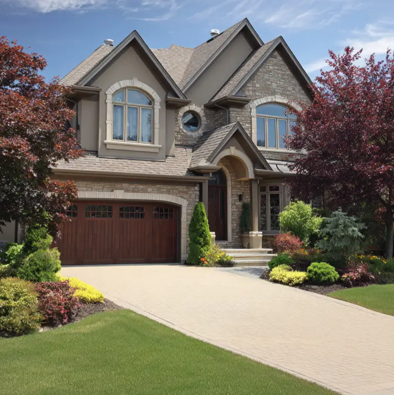 A luxurious suburban house exterior combining the rugged, varied texture of natural stone with the smooth, earthy finish of stucco for an Old-World feel.