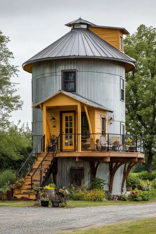 A grain silo cabin featuring a warm yellow wooden entryway and an elevated deck surrounded by lush greenery.