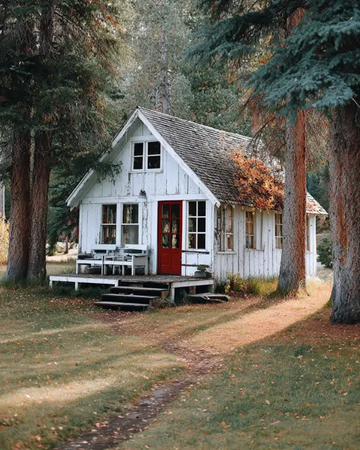 55 Tiny Cabin Ideas: The Ultimate Guide to Exterior & Interior Design 20 A charming small white cabin idea featuring a vibrant red front door as a focal point, nestled among tall, mature pine trees.