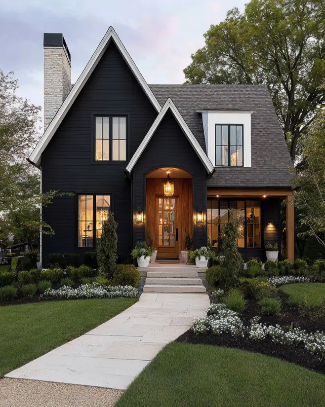 A dramatic black and white modern farmhouse featuring a recessed wooden entryway that glows warmly at dusk.