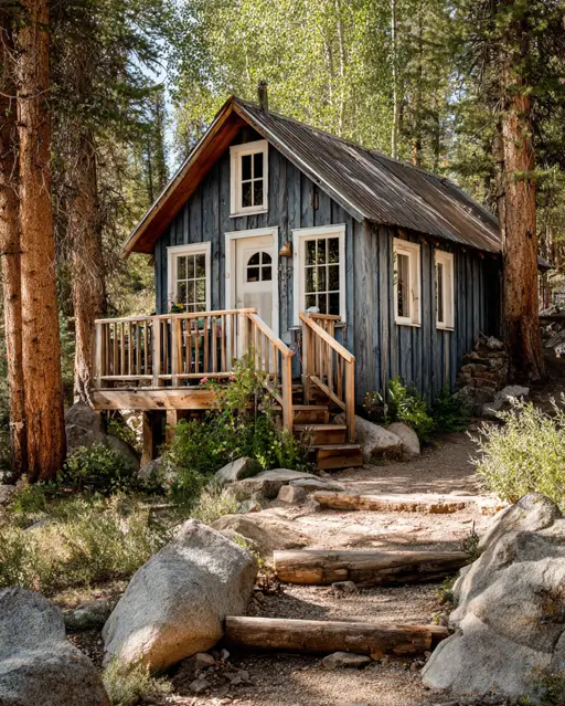 55 Tiny Cabin Ideas: The Ultimate Guide to Exterior & Interior Design 21 A rustic tiny cabin design with muted blue-gray siding and crisp white trim around the windows and door, featuring a small elevated wooden porch.