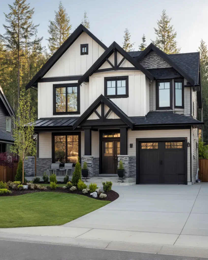 A modern Craftsman cream and black house exterior with off-white siding, dramatic black structural trim, and a gray stone base.