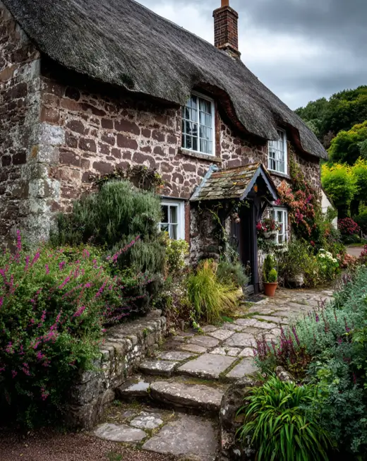 A stone english cottage house style built on a slope, featuring a tiered garden with stone steps and retaining walls creating different levels.