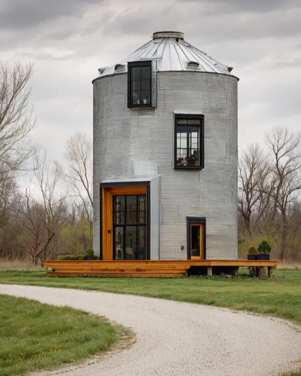 A contemporary grain silo home featuring a recessed, wood-lined entryway with large black-framed glass doors.