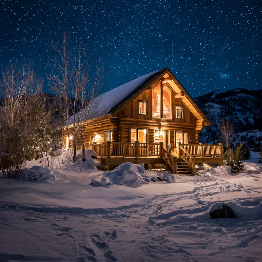 A cozy log cabin home design glowing warmly in a snowy landscape under a starry night sky.