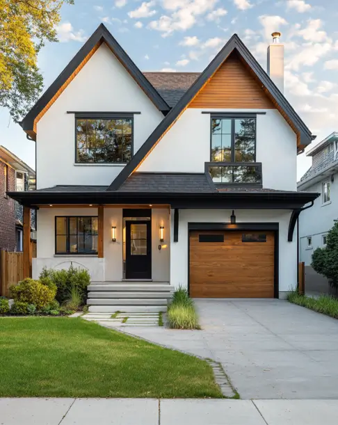 36 Modern Cottage Exterior Ideas to Achieve Timeless Curb Appeal 22 A modern cottage style exterior with white stucco and asymmetrical gables, featuring warm wood accents on one gable and the garage door.
