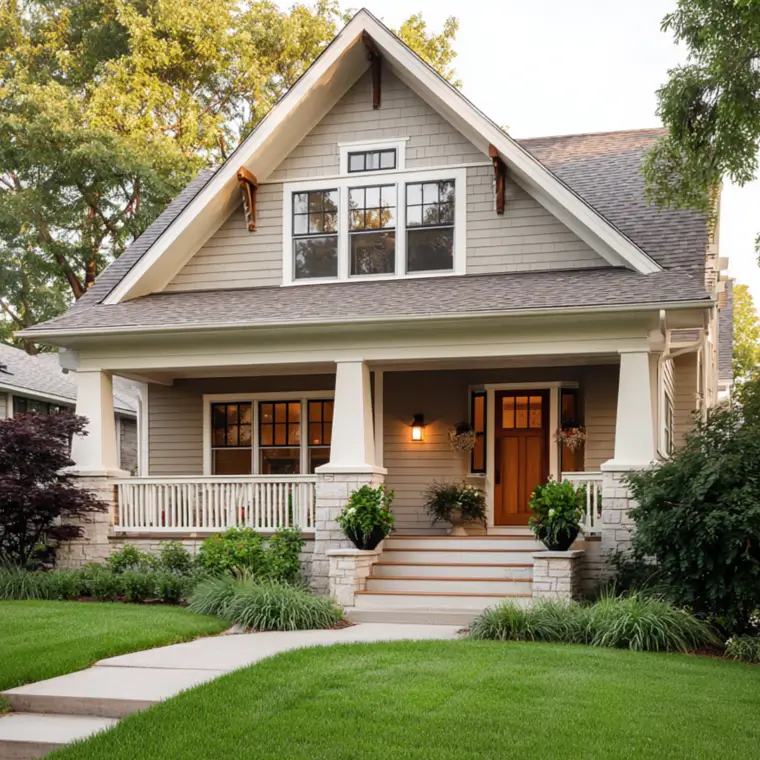 Charming modern craftsman bungalow with a wide front porch, featuring classic white tapered columns resting on rustic stone piers and beige siding.
