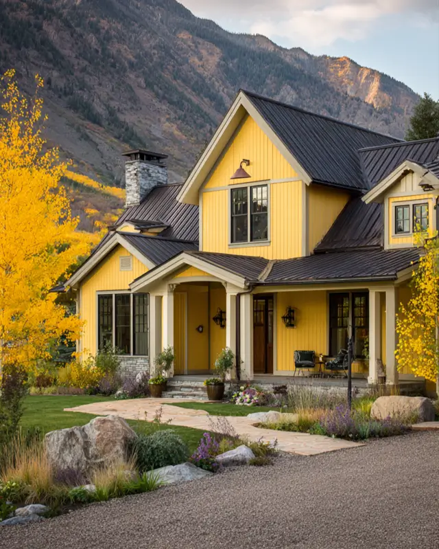 A yellow modern farmhouse with a dark roof, surrounded by bright yellow autumn aspen trees and a mountain.