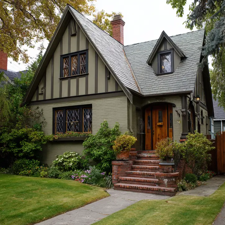 A modern Tudor-style house painted in a cohesive, monochromatic olive green with a warm brick stoop.