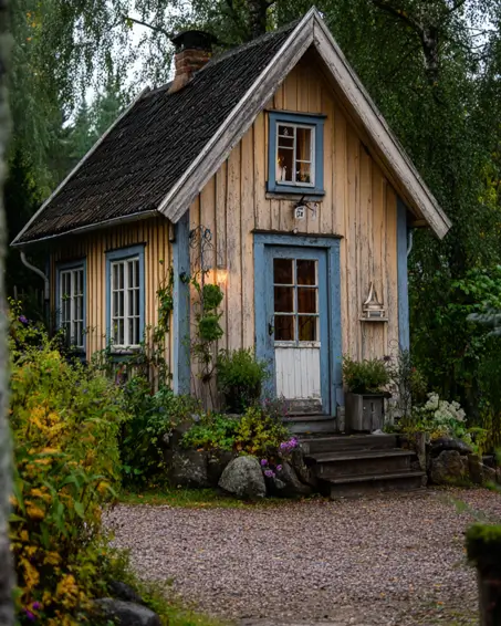 A small rustic cabin with weathered wood siding and dusty blue trim, offering a charming small house exterior idea.