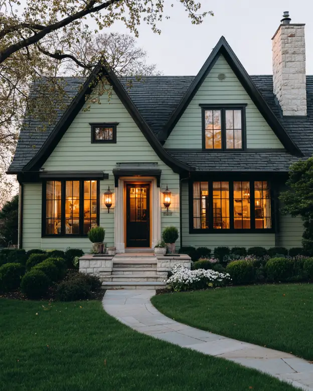 A stately sage green house with black trim featuring a prominent light-colored stone chimney that glows warmly at dusk.