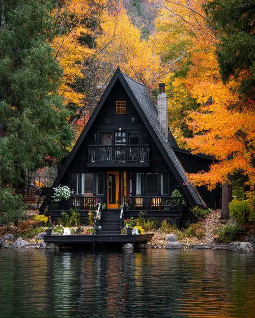 Tiny A-Frame Cabins: 31 Inspiring Ideas for Your Dream Retreat 22 A striking black tiny a frame cabin built as a waterside retreat directly on a lake with autumn trees.
