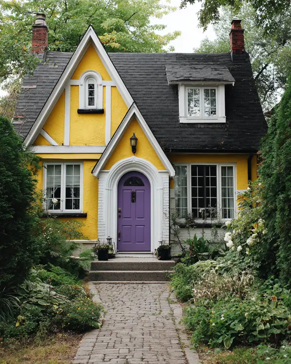 A cheerful small Tudor-style house with a playful personality, painted bright sunny yellow with a bold purple front door and crisp white trim.