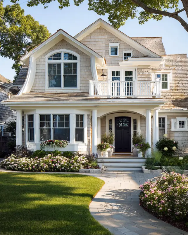 A coastal-inspired suburban house exterior covered in natural cedar shingle siding, featuring a charming white balcony over the covered front porch.