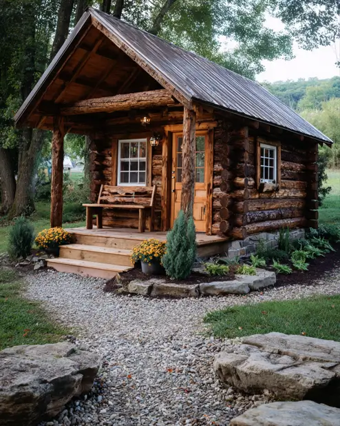 A rustic tiny log cabin with a unique live-edge wood bench built directly into its cozy front porch.