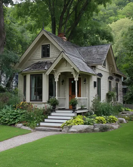 36 Tiny House Design Ideas + An Expert Interior Guide for 2025 22 A Victorian-inspired tiny house with a complex roofline and a cedar shake roof.