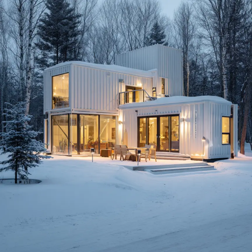 A modern multi-story white shipping container home glowing with warm interior lights, set in a snowy forest landscape at dusk.