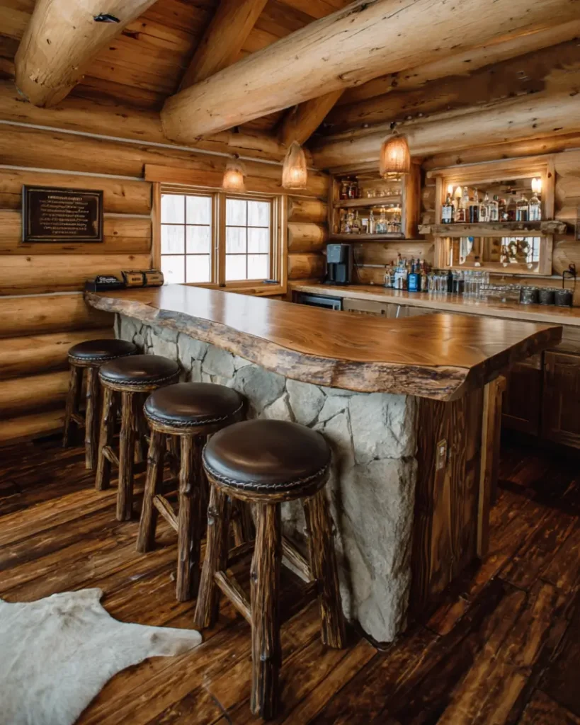A beautiful bar log cabin with a stone-clad front, a live-edge wooden counter, and a vaulted ceiling.