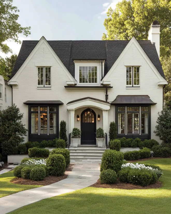A symmetrical black and cream house exterior featuring white-painted brick, a black roof and front door, and dark metal awnings over the windows.