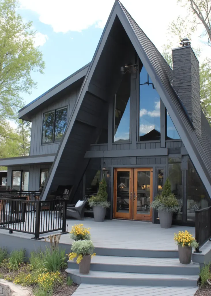 A contemporary a frame house in dark charcoal with a stone chimney and natural wood double doors, surrounded by trees.