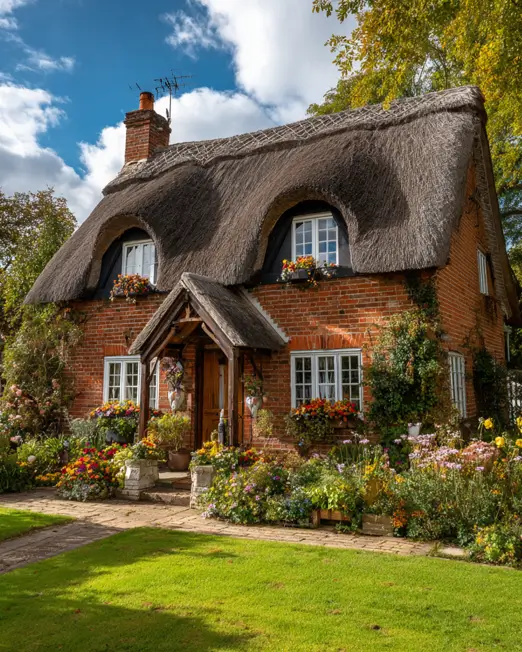 Picturesque red brick english cottage showcasing a beautifully textured thatched roof with eyebrow dormer windows and colorful flower boxes.