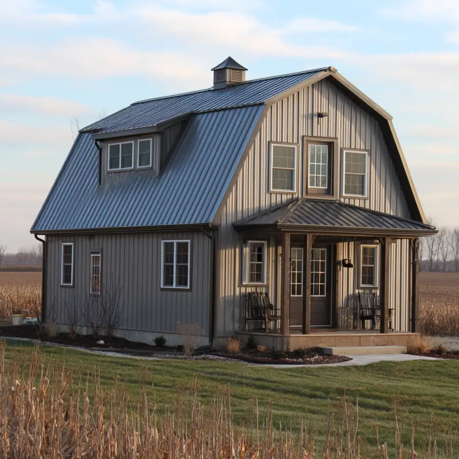 A two-story small barndominium house with gray vertical siding, a metal gambrel roof, and a small front porch, set in a rural field.