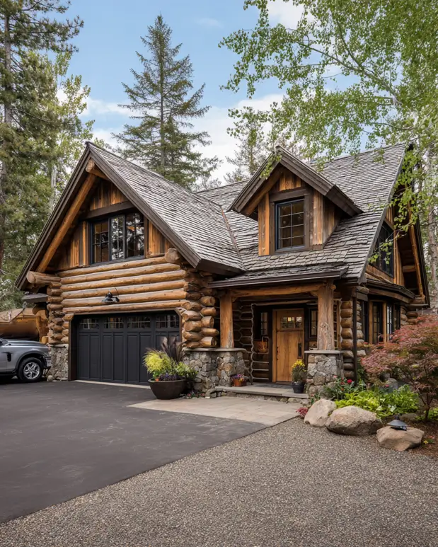 A two-story log cabin home design featuring a prominent stone base and an attached two-car garage.