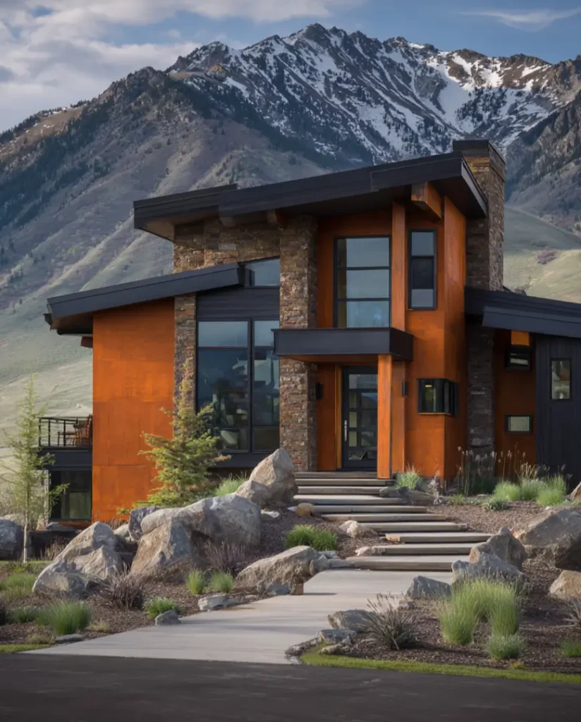 A luxury modern mountain house with rust-colored siding and stone accents, set against a backdrop of snow-capped mountains.