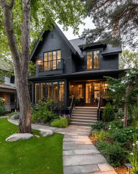 36 Modern Cottage Exterior Ideas to Achieve Timeless Curb Appeal 5 A modern cottage house exterior painted entirely in black, with warm light glowing from the windows and a stone path leading through a lush garden.